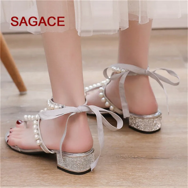 Женская обувь на шнуровке с открытым носком бантом и жемчугом Римские сандалии