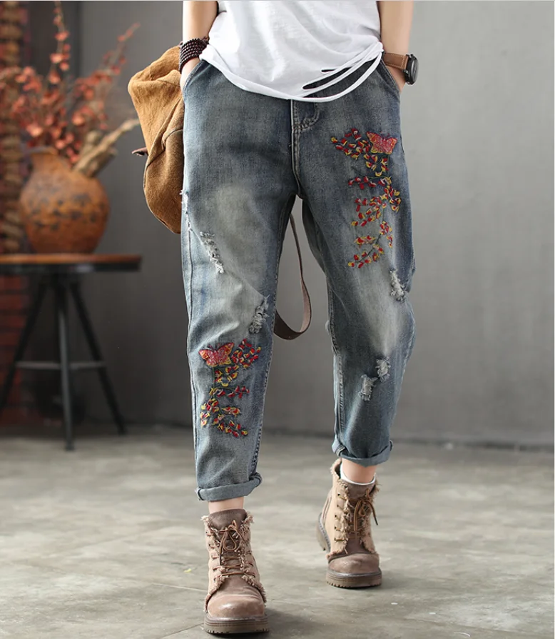 Женские джинсы с эластичной талией винтажные брюки в стиле ретро цветочной