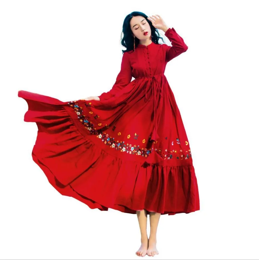 

Vintage Retro Red Maxi Dress Autumn Full Sleeve Slim Embroidery Ruffle Long Swing Dress Vestidos