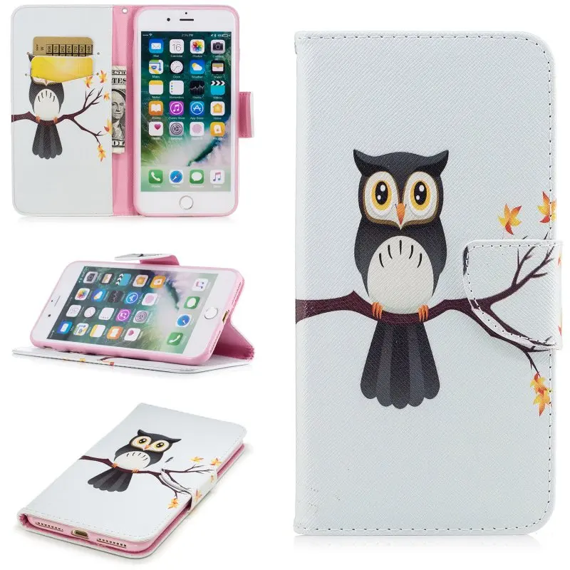 Leather Phone Cases for iPhone 7 7Plus Wallet Cover Cute Animals Owl Panda Ass Bamboo Flower Case Etui iPhone7 Plus Hoesjes | Мобильные