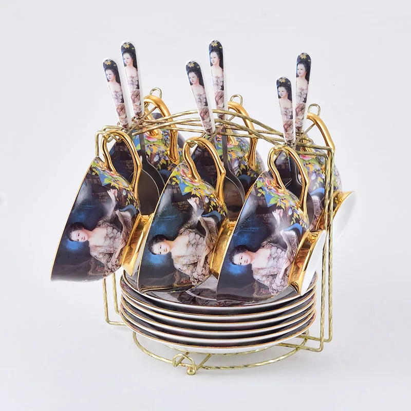 A 6pcs set and shelf Европейский суд Рисунок живопись наборы кофейных чашек Ретро керамическая фарфоровая чайная чашка набор послеобеденный чай посуда для вечеринки свадебные подарки - Цвет: A 6pcs set and shelf