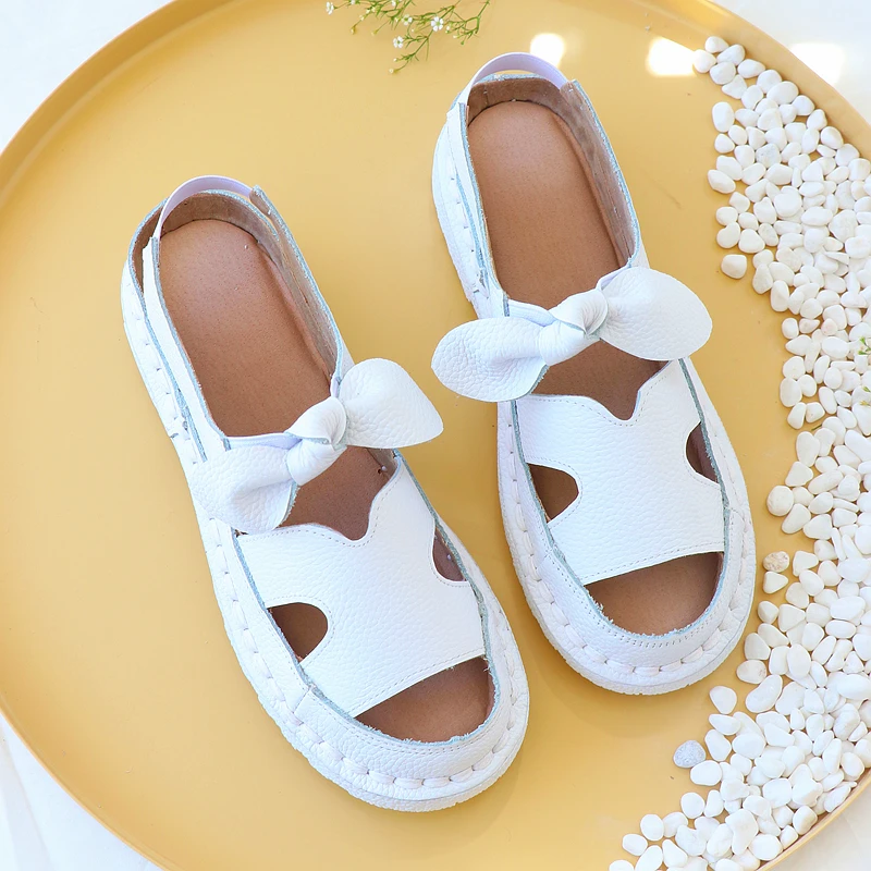 Careaymade-Cowhide soft sole hollow shoes Literature Art Korean flat sole pregnant women's shoes Roman  comfortable sandals