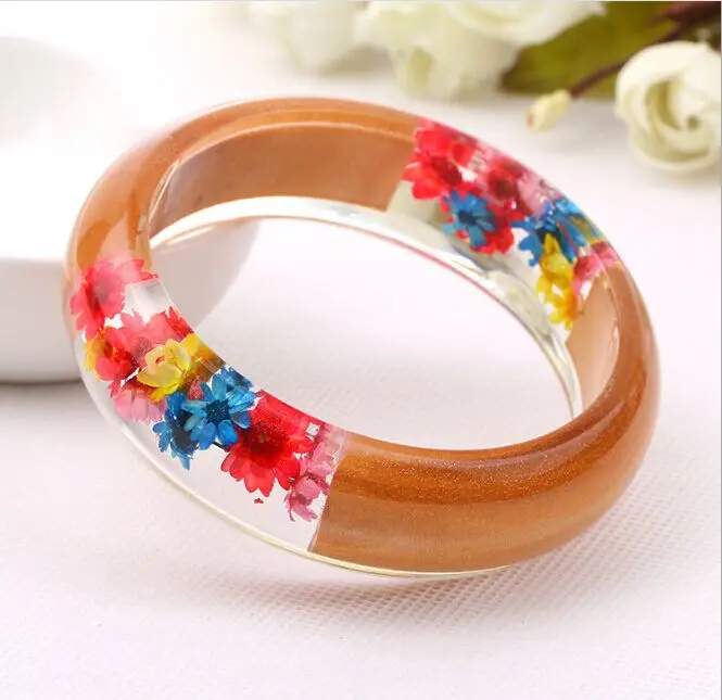 Браслеты и браслеты из дерева смолы для женщин прозрачные настоящие цветы
