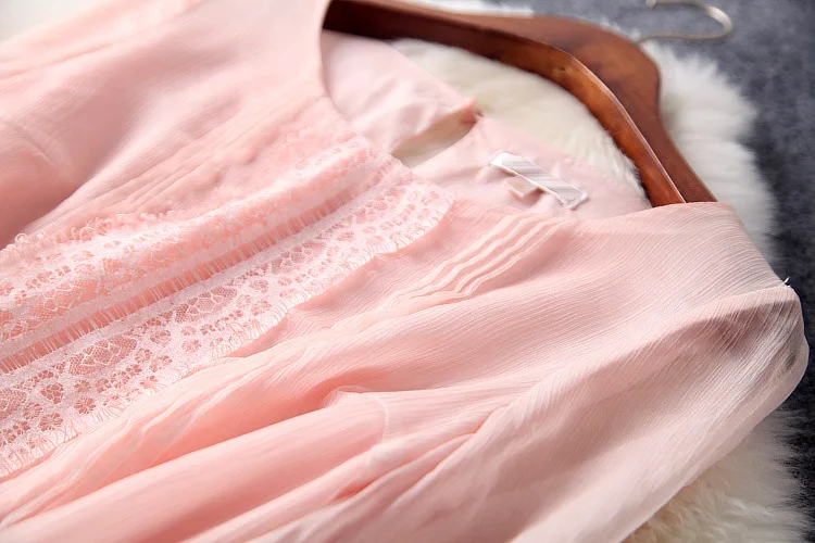 Осень 2017 г. Женщины Розовый o образным вырезом Фонари рукавом Кружева платье дамы