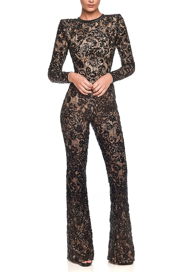 

2019 New Jumpsuit sequined lace black O-neck long sleeve Vestido bodycon Rompers Celebrity evening party Bandage jumpsuits