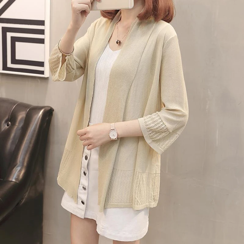 Весна Длинный Стиль шаль тонкий кардиган свитер 2018 бежевый ледяной шелк ткань