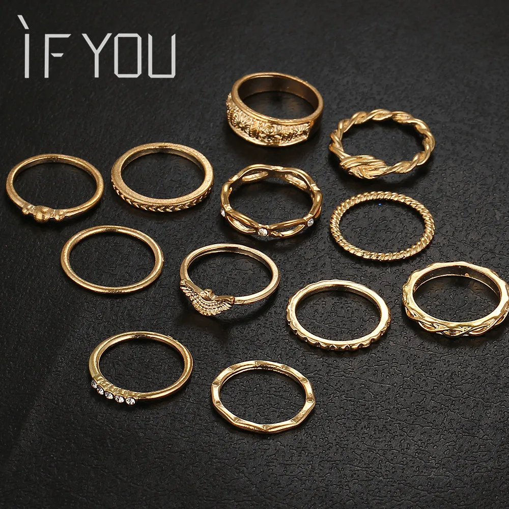 Модный набор колец IF YOU 12 шт./компл. золотистого цвета с геометрическим рисунком