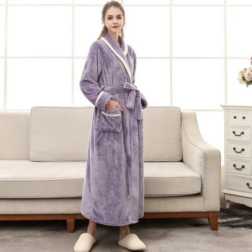 Purple Women RB0289 теплый зимний халат для женщин и мужчин Фланелевая пижама длинный халат с длинными рукавами для влюбленных пар мужской женский халат плотного размера плюс халат - Цвет: Purple Women