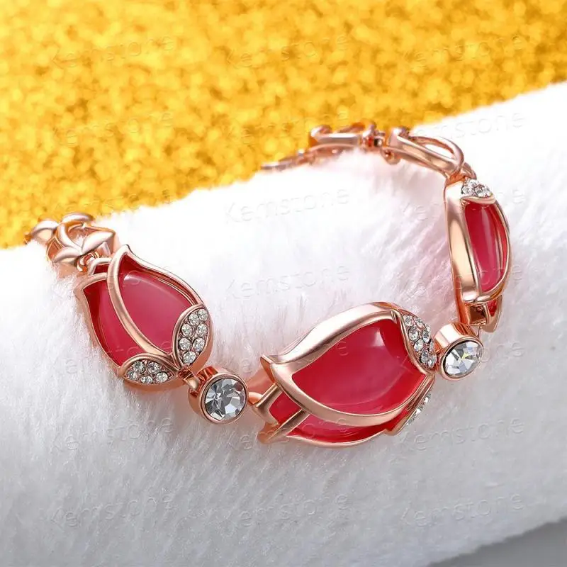 Kemstone Rose Flower Link Bracelet Cat's Eye Stone Cubic Zirconia Gold Color Women Fashion Jewelry | Украшения и аксессуары