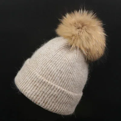 Khaki - Raccoon YWMQFUR зимние женские вязаные шапки с теплым натуральным мехом енота и белой лисы модные шапочки Женские плотные колпачки - Цвет: Khaki - Raccoon