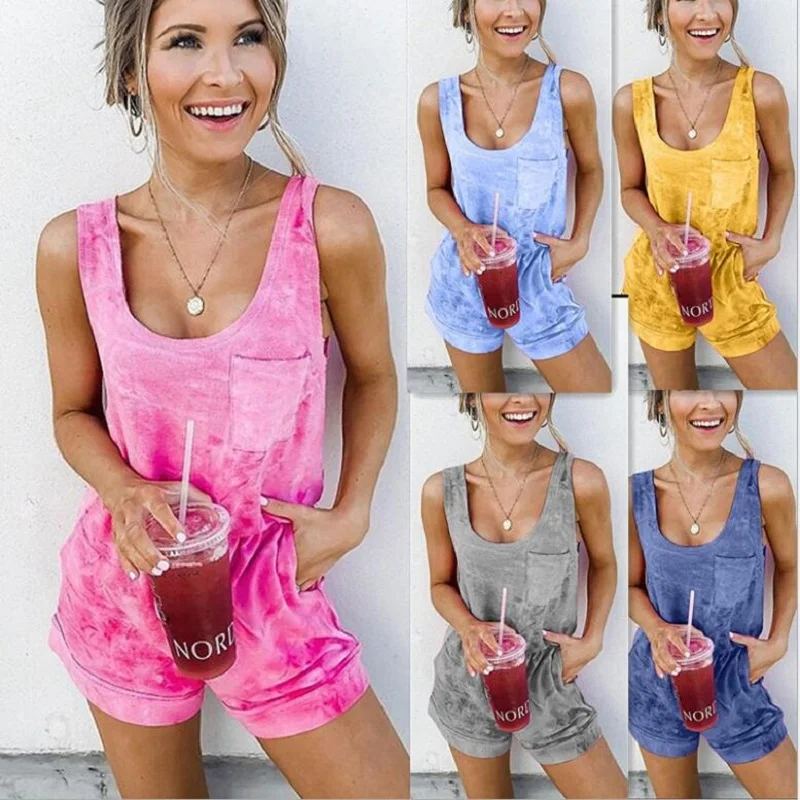 Женский хлопковый комбинезон без рукавов повседневный с шортами и принтом