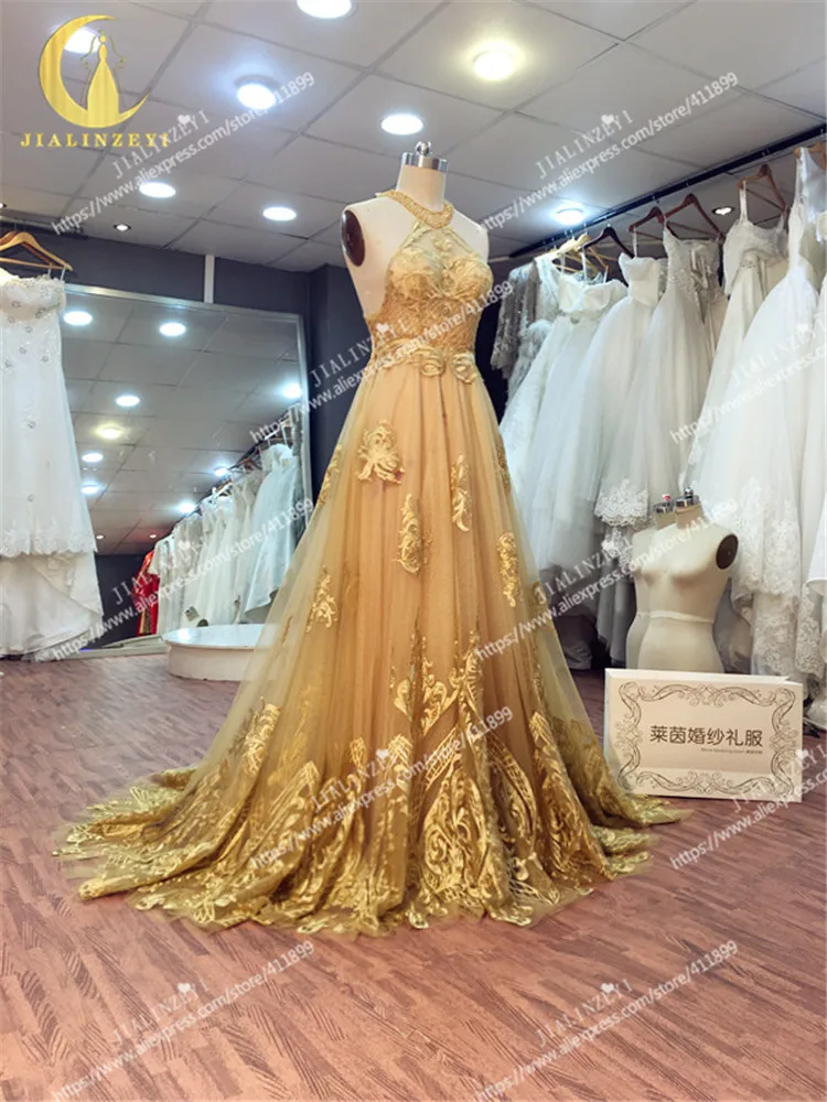 JIALINZEYI New Sexy Halter Gold Lace Embroidery See Through A-line Backlless Formal Dresses Party Evening Dresses 2020