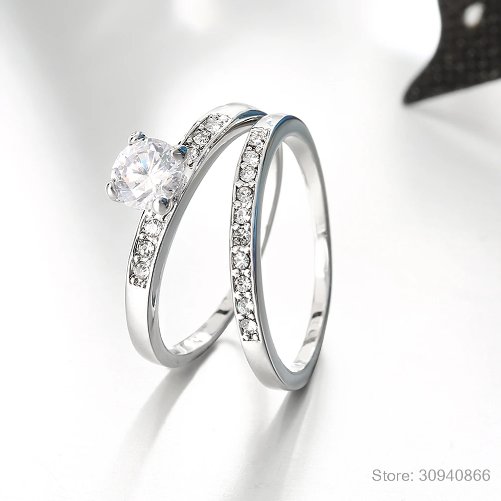 LEKANI 925 пробы наборы серебряных колец с полным белым высококачественным CZ кристаллом для женщин/девочек очаровательные ювелирные изделия с 2 шт