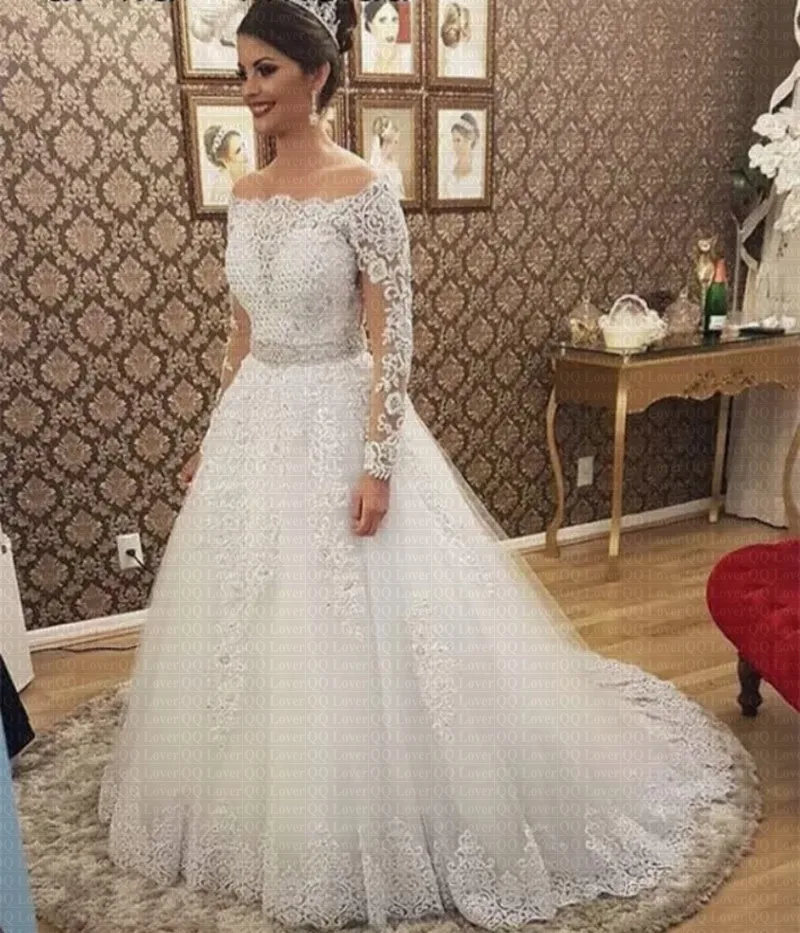 Vestido De Noiva Boat Neck Long Sleeves 2 in 1 Wedding Dress 2021 Luxury Bride Robe Mariee Bridal Gowns | Свадьбы и торжества