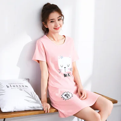 nightgown women Хлопковая пижама с рисунком, женская летняя ночная рубашка, Женская хлопковая ночная рубашка с круглым вырезом, сексуальная женская ночная рубашка размера плюс, домашняя одежда для сна - Цвет: nightgown women