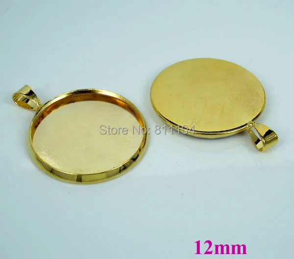 

12mm New Gold tone Plated Blank Bases Circle Round Bezel w/ a bail Cabochon Settings Pendant Blank Findings Bulk Wholesale