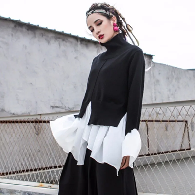 TWOTWINSTYLE Knitting Turtleneck Sweater Womens Flare Sleeve Ruffles Patchwork Draped Irregular Pullover Spring Fashion Harajuku | Женская