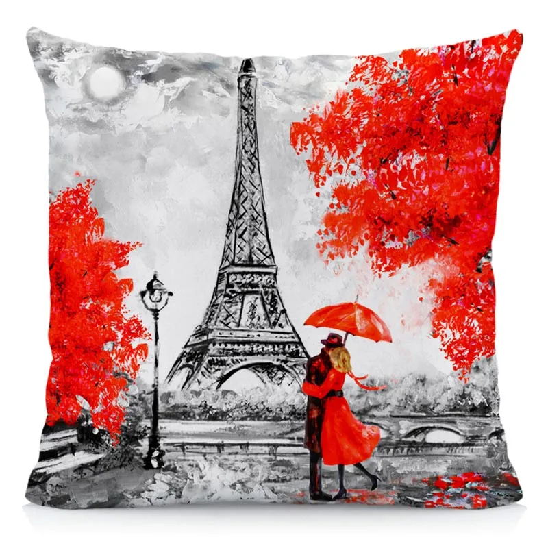 

XUNYU Cushion Cover 45x45cm Throw Pillow Covers Black & Red Paris Eiffel Tower Modern Couple Style Decorative Pillow Cases A2