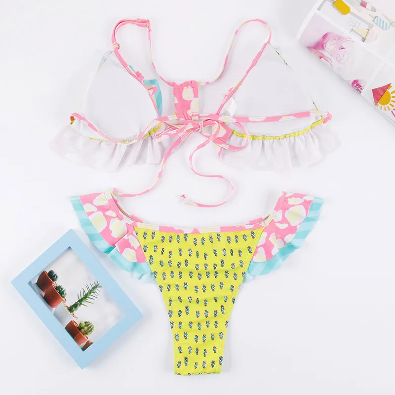 Miyouj, сексуальное бикини с оборками, Цветочный, пуш-ап, купальник, женский, на шнуровке, купальник, на завязках, купальник, монокини, бикини, волна, бикини, Набор XL