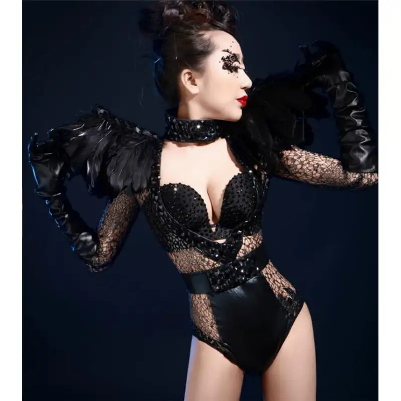 Костюм с черными перьями кожаный боди модная цельный сетчатый костюм для ночного