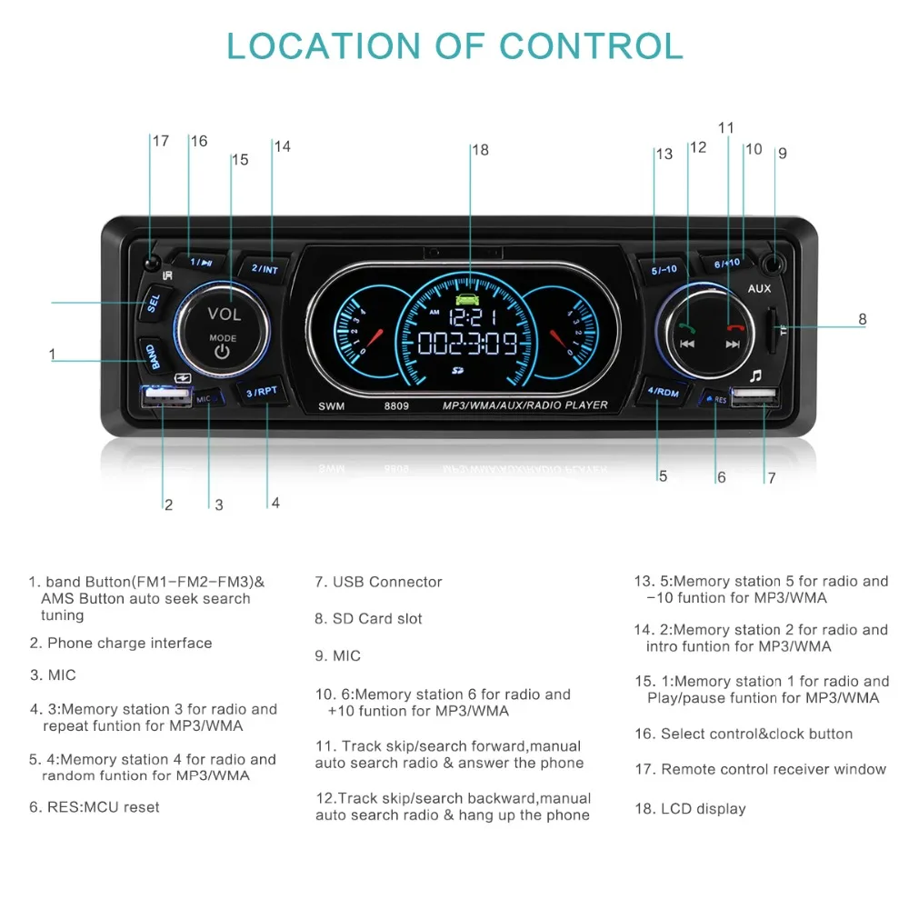 Автомагнитола 1 Din с Bluetooth MP3-плеер поддержкой USB/TF/AUX/FM приемник беспроводным