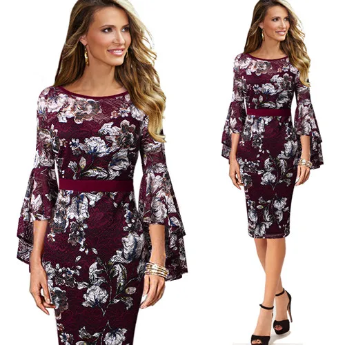 Dark Red and White 1 Vfemage женское осеннее Элегантное Длинное расклешенное модное винтажное вечернее коктейльное облегающее платье-футляр с расклешенными рукавами 1703 - Цвет: Dark Red and White 1