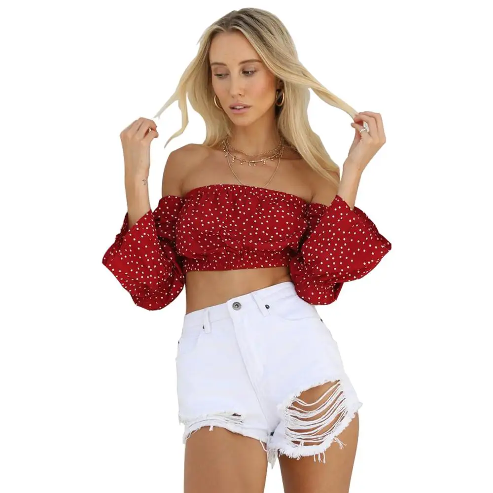 Шифоновая Сексуальная рубашка в горошек Frint Red Boho Женская короткая Топ на одно