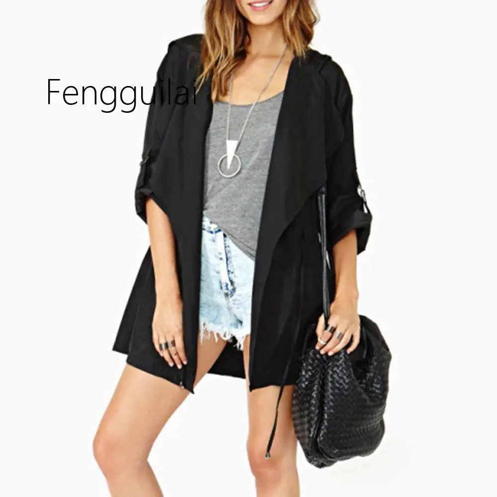 

New 2019 Winter Woman Coat Ladies Long Sleeve Hooded Casual Windbreaker Female Adjustable Black Loose Waist Jacket Coat