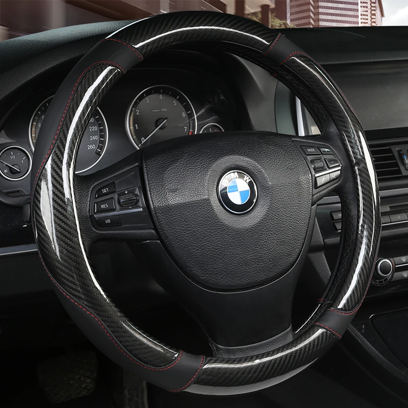 

Carbon Fiber Cowhide Car Steering Wheel Cover 38CM Non-slip Wear-resistant Sweat Absorbing Fashion Sports Steering Wheel Cover