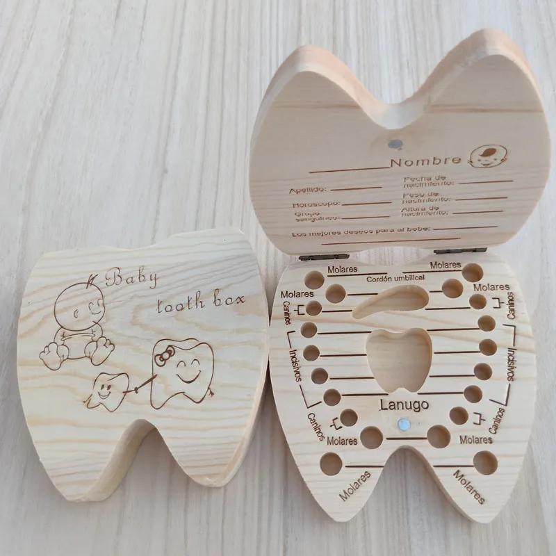 

Baby Tooth Box Organizer for Kids English Spanish Tooth Shape Baby Save Milk Teeth Wood Storage Box A