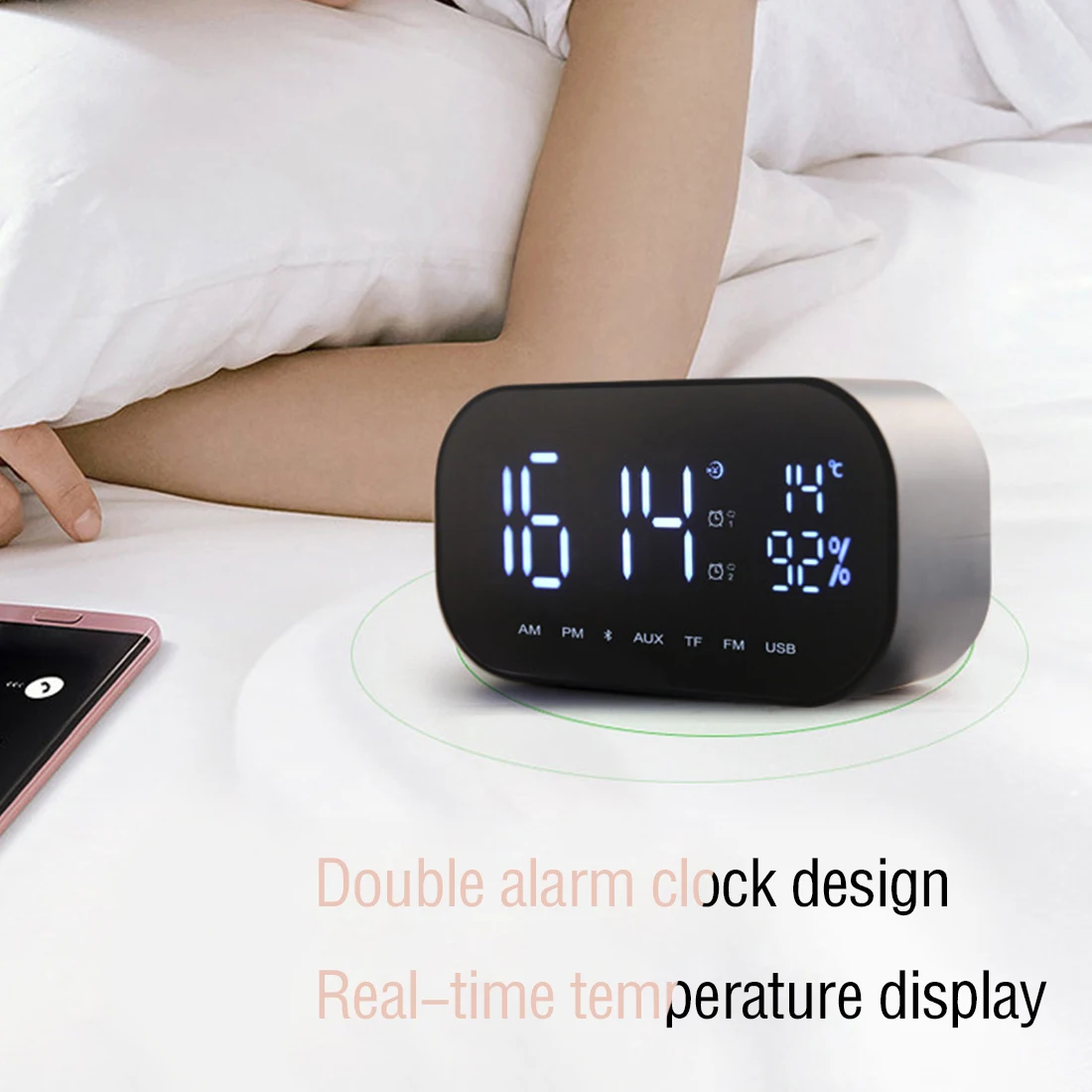 

Modern LED alarm clock with FM radio wireless bluetooth-compatible speaker supports Aux TF USB music player