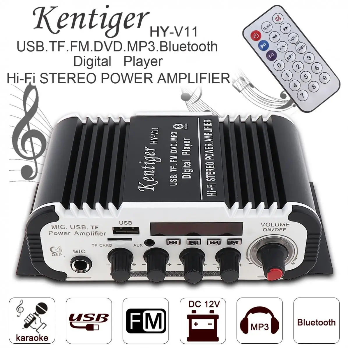 Kentiger V11 2 канальный Hi Fi Bluetooth автомобильный аудио усилитель мощности проводной