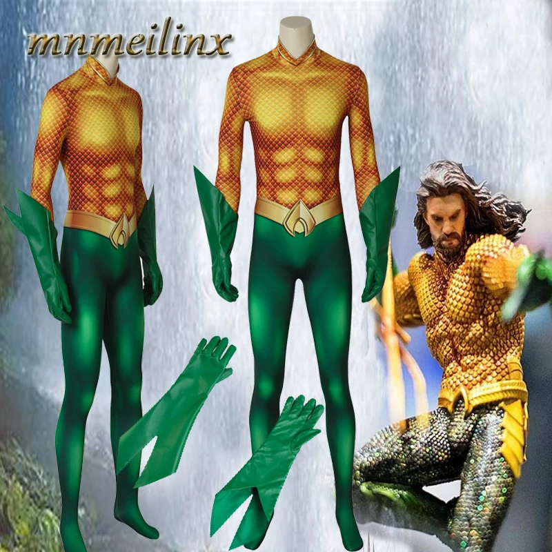 Аквамен Косплей Arthur Aquaman Карри костюм комбинезон перчатки 3D печать зентай костюм супергероя для Хеллоуин