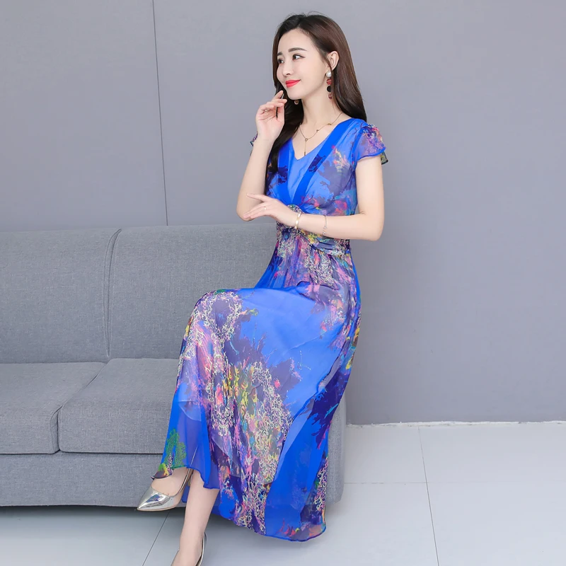 Платье женское длинное с V образным вырезом и коротким рукавом батальных