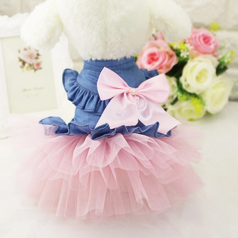 Летняя одежда для собак джинсовое Тюлевое платье с бантом Розовое белое детское