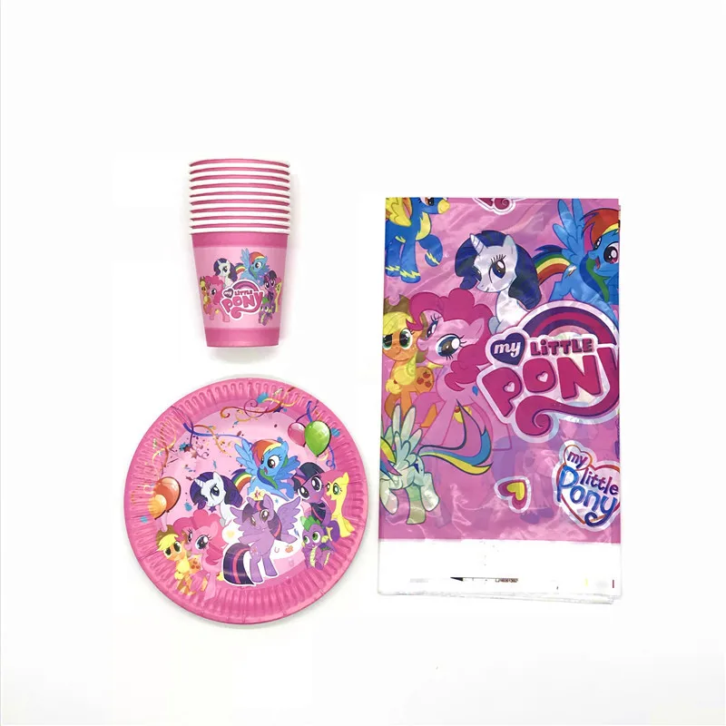 Тема My Little Pony, 41 шт./лот, одноразовые украшения для дня рождения, принадлежности для детского душа, посуда, кружки, тарелки, салфетки, скатерть