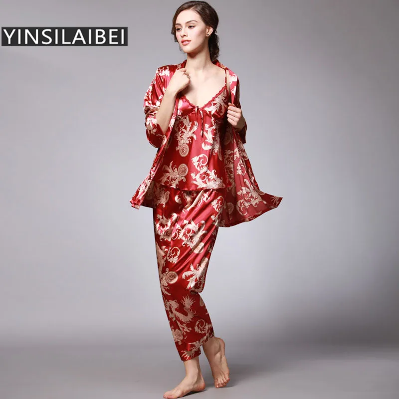YINSILAIBEI, Женская атласная пижама, женские шелковые пижамные комплекты, женские пижамы размера плюс с принтом дракона, Женская домашняя одежда, домашняя одежда#10