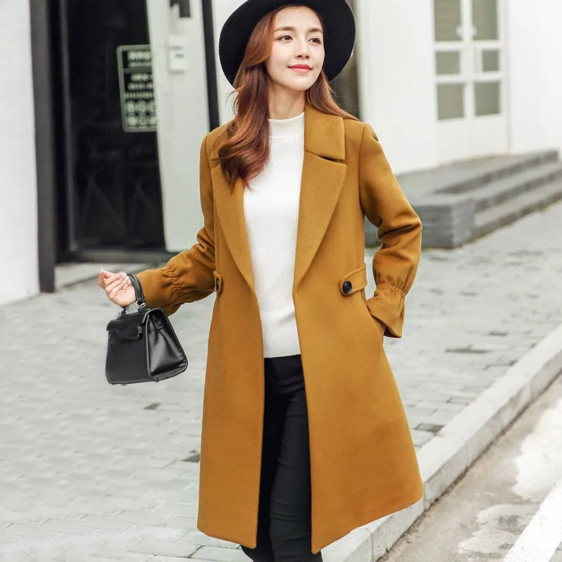 

Nice New Women Autumn Winter Outerwear Warm Wool Blend Long Coat Slim Lapel Woolen Overcoat