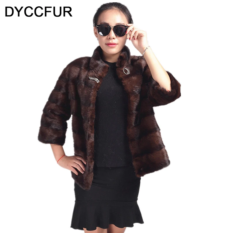 DYCCFUR 2018 Новый Настоящее пальто с мехом натурального меха норки полосы широкие
