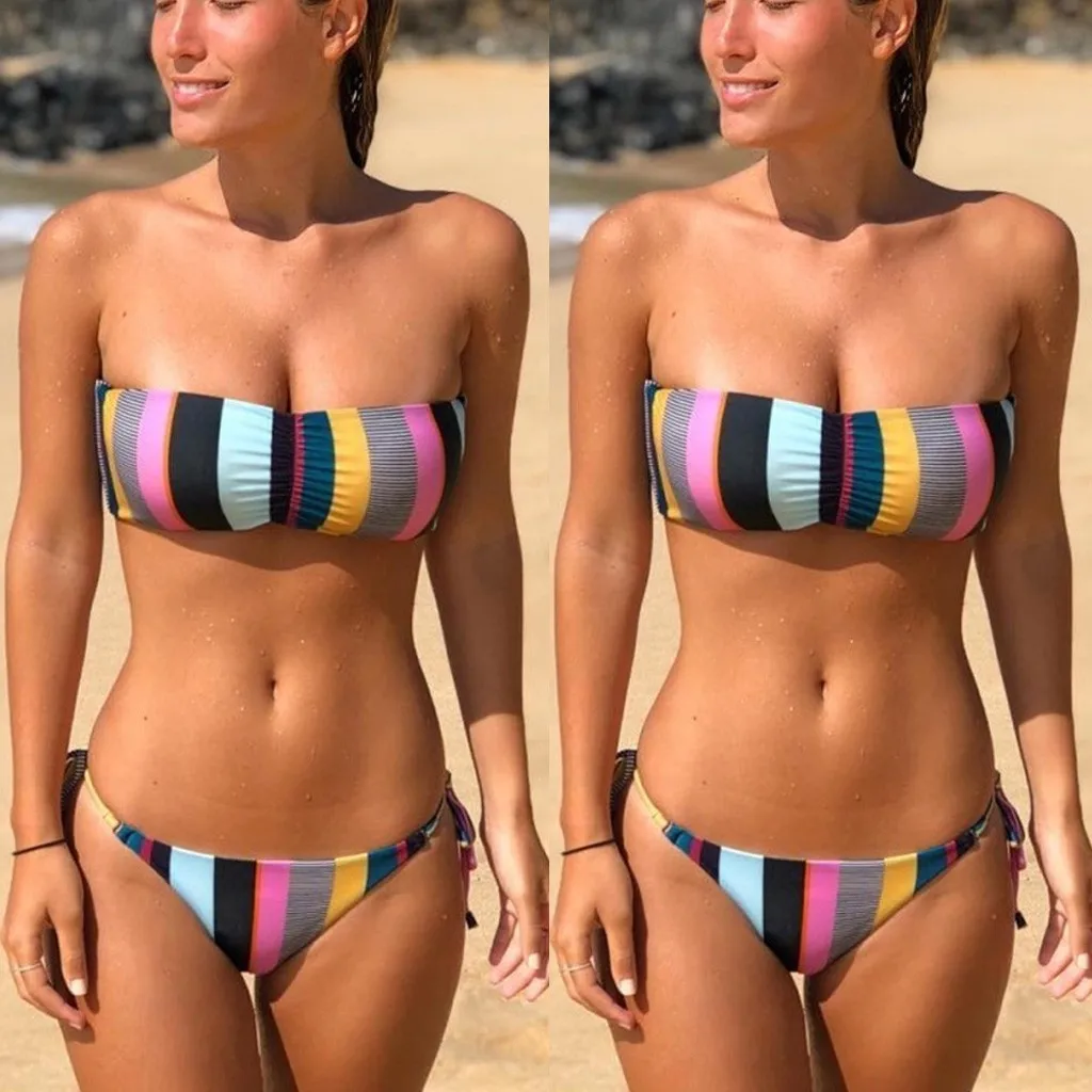 Женский купальник-бикини пуш-ап с подкладом в полоску цветной бразильский 2019 |