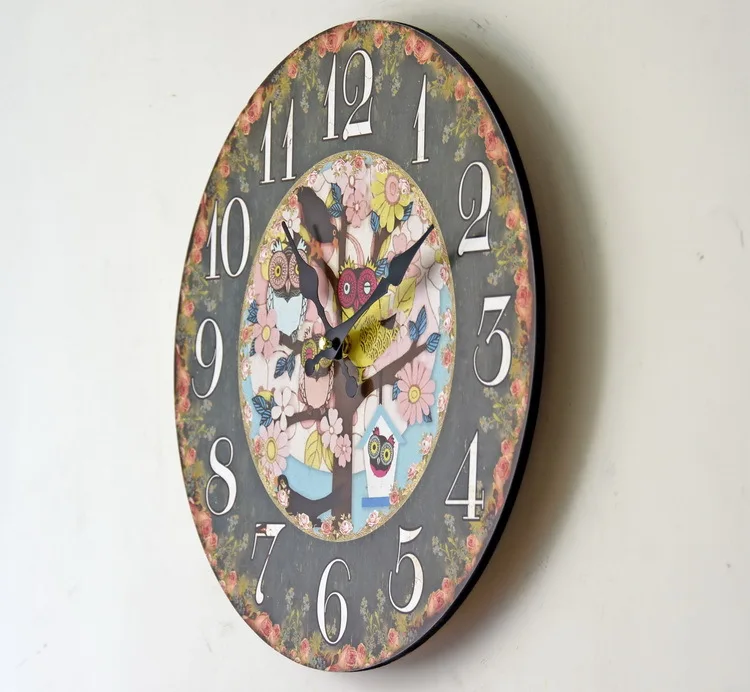 Красочный цветочный Сова узор Дизайн деревянные настенные часы 35 см круглые