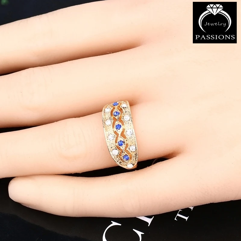 Хит продаж богемное кольцо в этническом стиле Синие стразы золотистый цвет