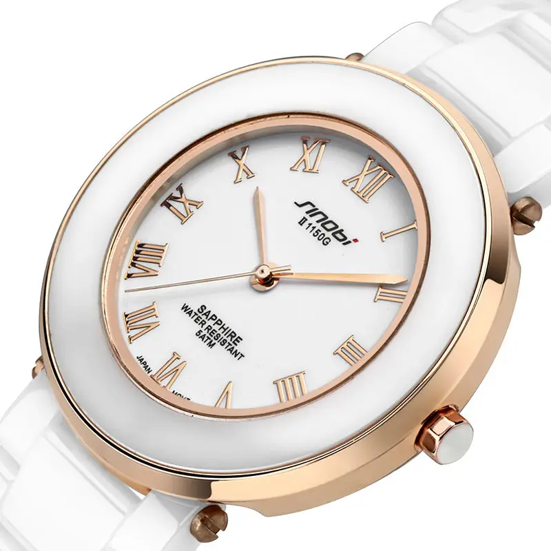 SINOBI Дамы Моды Белые Керамические Наручные Кварцевые Часы Женщины одеваются