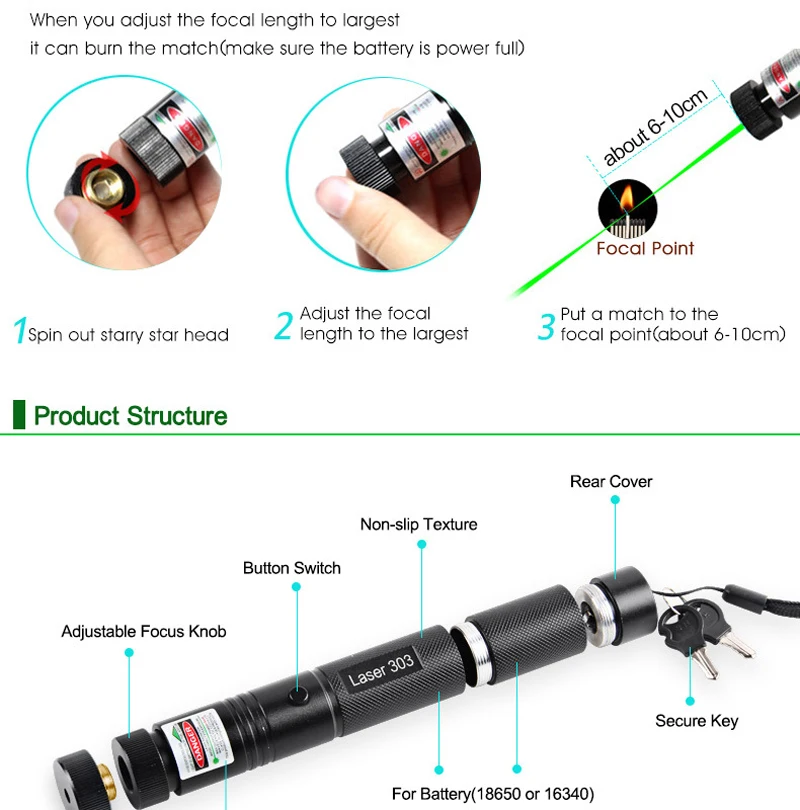 Охотничий лазер, зеленая лазерная указка, ручка Adjustablefocus, звездная головка, ручка для сжигания, мощные лазерные указки, ведущая дистанционная 303