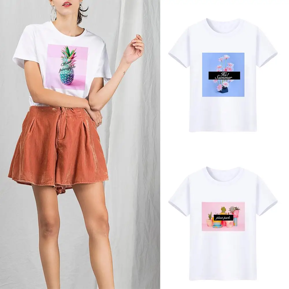 Summer Women Casual Round Neck Short Sleeve Top Tee Pineapple Floral T-Shirt | Женская одежда