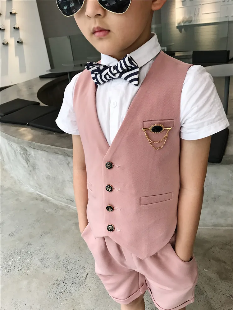 Летние Короткие Блейзер для мальчиков костюм свадьбы штаны + жилет брошка 3