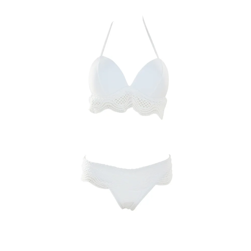 2018 V Neck Bikini Set Mesh Waist White Retro Lace Swimwear Women Solid Push Up Beachwear Wholesale |