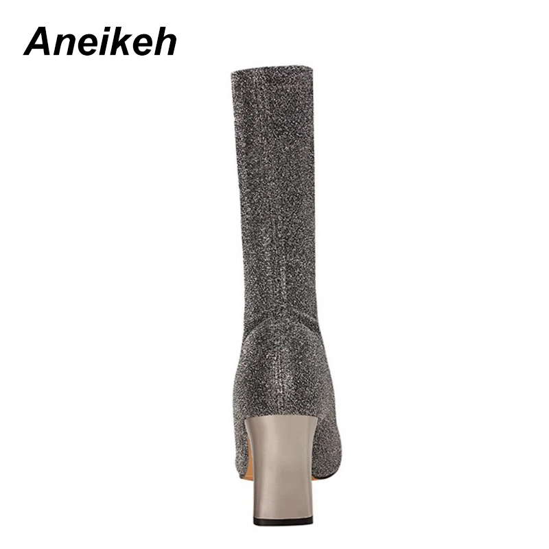 Aneikeh/ г. Модные женские зимние ботинки обувь из флока с острым носком на высоком квадратном каблуке, танцевальная Свадебная обувь черный, серый цвет, до середины икры, Размеры 35-40
