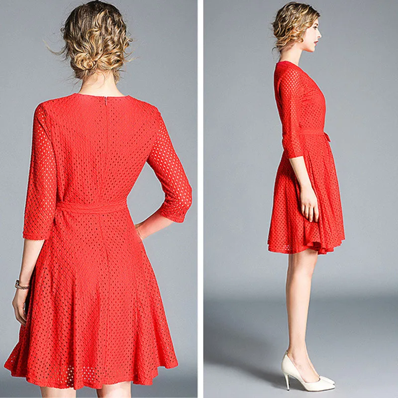Для женщин Лето-Line вечерние платье 2018 Мода Тонкий Красный Кружева лоскутное