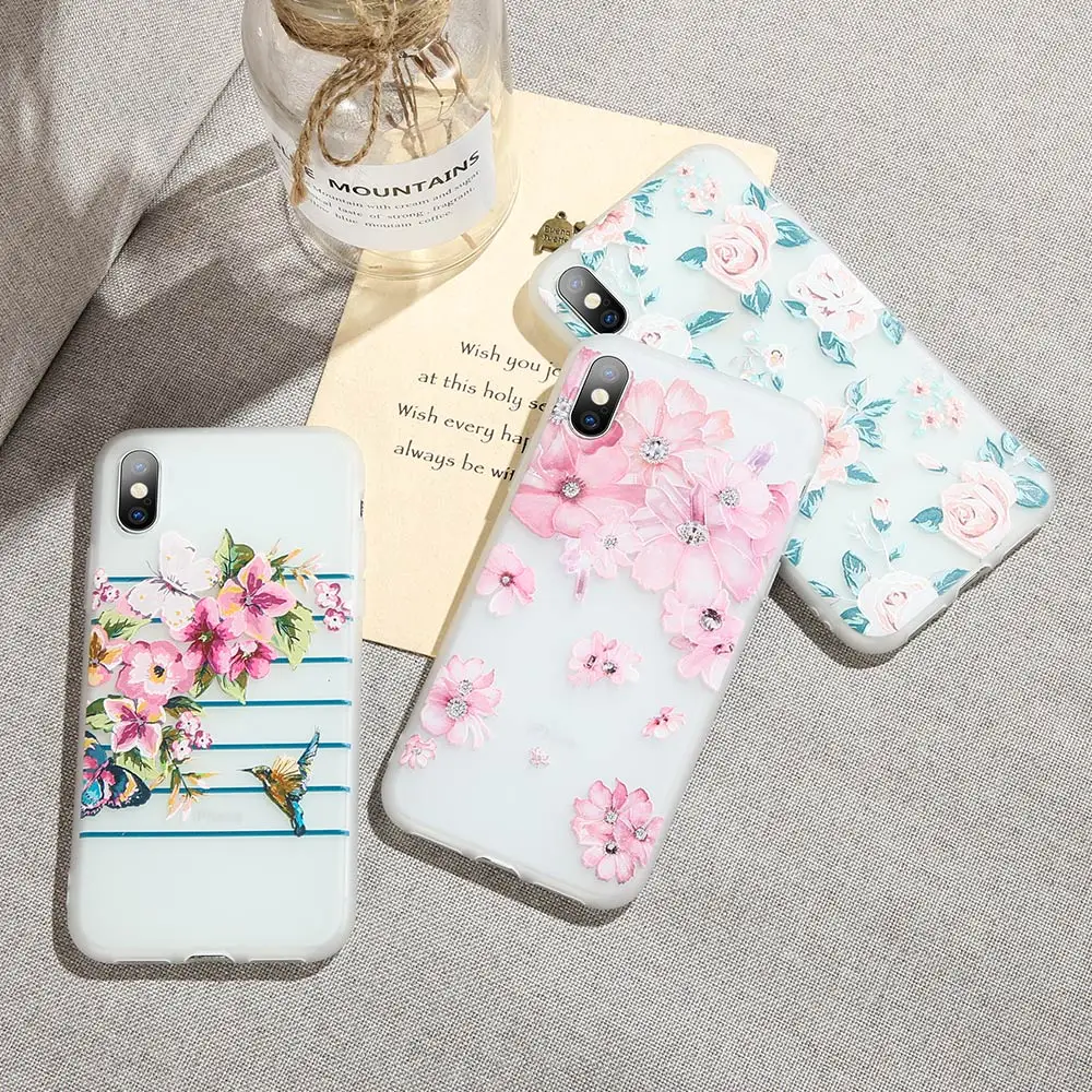KISSCASE 3D Relief Flower Phone Case For iPhone 7 8 Plus XS Max XR Rose Floral Soft Silicon 6 6S X 5 SE |